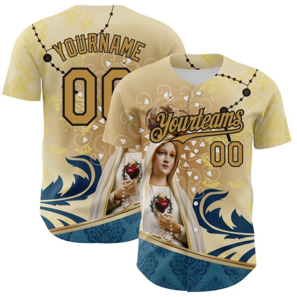 Custom Old Gold Black 3D Pattern Design Religion Virgin Mary Authentic Baseball Jersey