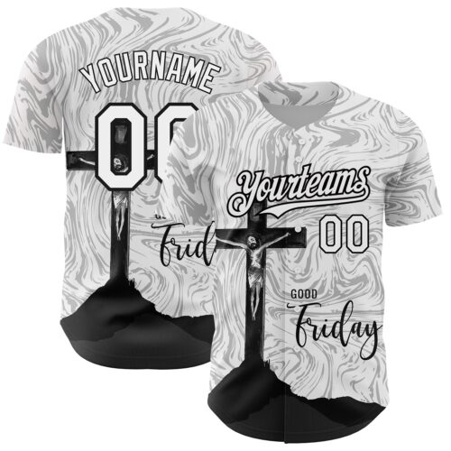 3DPattern3693 Custom White Black 3D Pattern Design Religion Cross Jesus Christ Good Friday Authentic Baseball Jersey