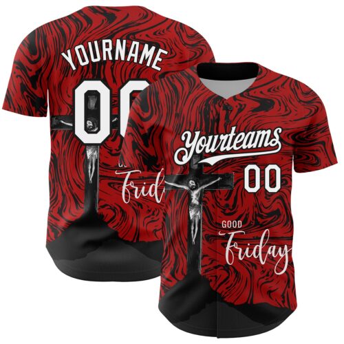 3DPattern3694 Custom Red White-Black 3D Pattern Design Religion Cross Jesus Christ Good Friday Authentic Baseball Jersey
