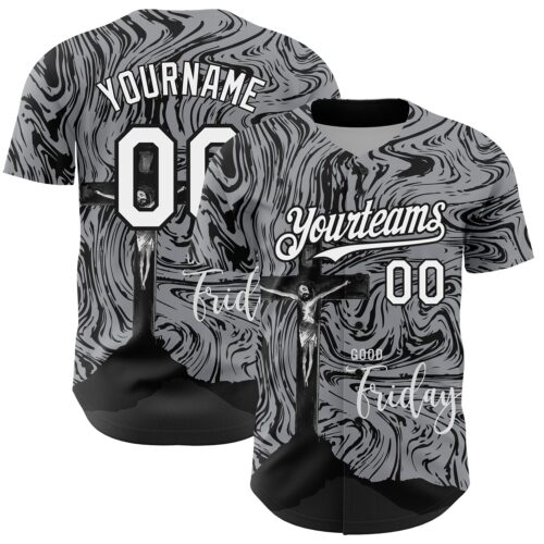 3DPattern3695 Custom Gray White-Black 3D Pattern Design Religion Cross Jesus Christ Good Friday Authentic Baseball Jersey