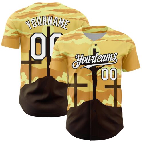 3DPattern3696 Custom Yellow White-Black 3D Pattern Design Religion Cross Jesus Christ Good Friday Authentic Baseball Jersey