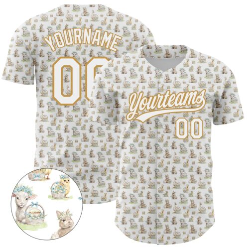 3DPattern4258_bdde0d11-9763-44bb-93fd-7ad1ee7ce7ad Custom White Old Gold 3D Pattern Design Animal Rabbit Sheep Chicken And Duck Authentic Baseball Jersey
