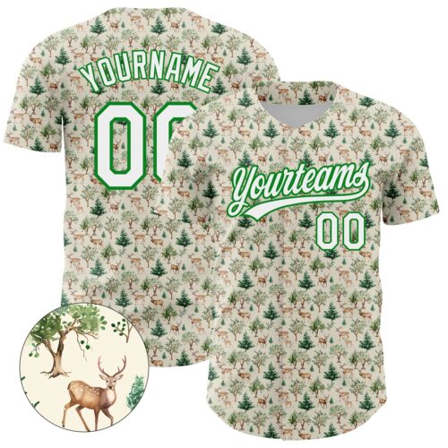 3DPattern4263_35ccceb0-764a-49a0-94d0-f30cba5cbfb5 Custom Cream White-Grass Green 3D Pattern Design Animal Deer Authentic Baseball Jersey