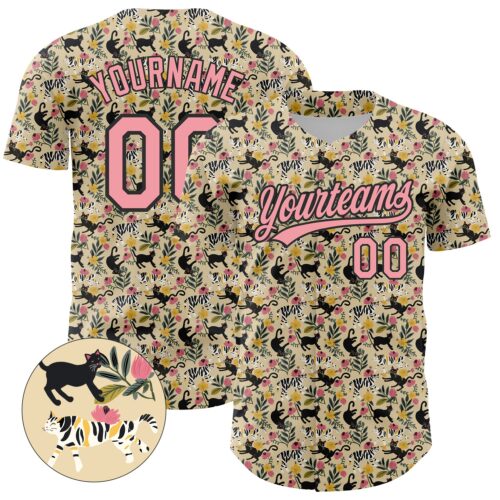 3DPattern4264_bf1dc2b9-b5d0-4238-822f-a8d49d96775f Custom Cream Medium Pink-Black 3D Pattern Design Animal Cat Authentic Baseball Jersey