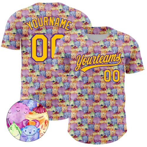 3DPattern4271_d7fdc2f7-2df0-4a26-8d8e-b17a87bc2191 Custom Pink Yellow-Purple 3D Pattern Design Animal Funny Monster Authentic Baseball Jersey