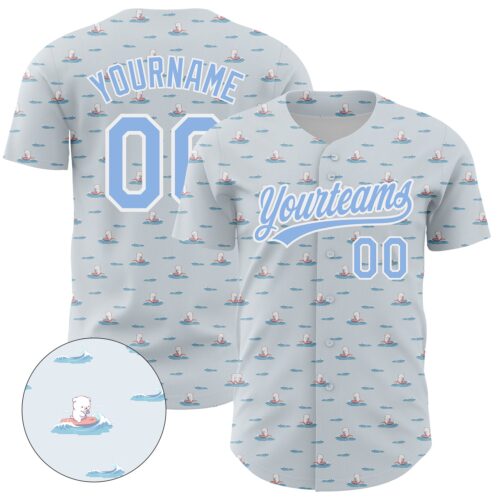 3DPattern4277_919b1b3c-bc75-4c85-af73-af61cbf92a16 Custom Gray Light Blue-White 3D Pattern Design Animal Dog Surfing Authentic Baseball Jersey