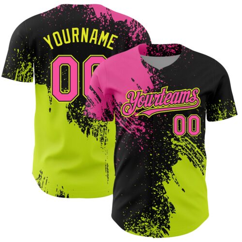 3DPattern4302_b2d906e6-4fa6-459c-b61a-1233e8042287 Custom Pink Black-Neon Yellow 3D Pattern Design Abstract Brush Stroke Authentic Baseball Jersey