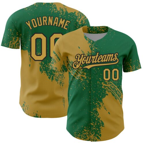 3DPattern4338 Custom Old Gold Kelly Green-Black 3D Pattern Design Abstract Brush Stroke Authentic Baseball Jersey