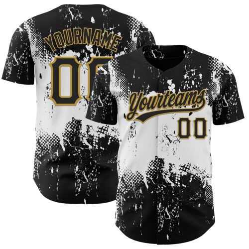 3DPattern4518_acf931d6-9f13-4028-bc0c-a95b9d1daafc Custom Black White-Old Gold 3D Pattern Design Abstract Splatter Grunge Art Authentic Baseball Jersey