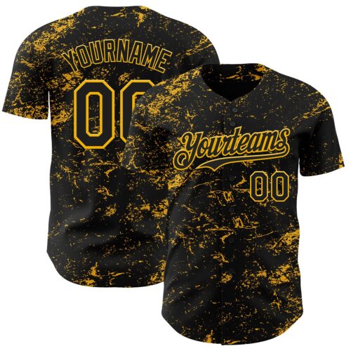 3DPattern4532 Custom Black Gold 3D Pattern Design Abstract Splatter Texture Authentic Baseball Jersey