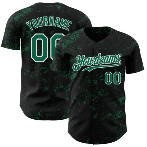 3DPattern4535 Custom Black Kelly Green-White 3D Pattern Design Abstract Splatter Texture Authentic Baseball Jersey