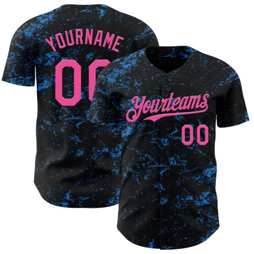 3DPattern4538 Custom Black Pink-Electric Blue 3D Pattern Design Abstract Splatter Texture Authentic Baseball Jersey