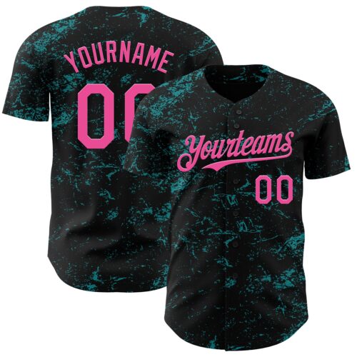 3DPattern4539 Custom Black Pink-Teal 3D Pattern Design Abstract Splatter Texture Authentic Baseball Jersey
