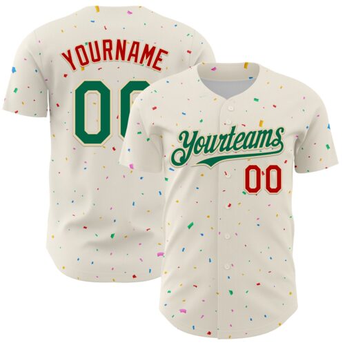 3DPattern4570 Custom Cream Kelly Green-Red 3D Pattern Design Confetti Authentic Baseball Jersey