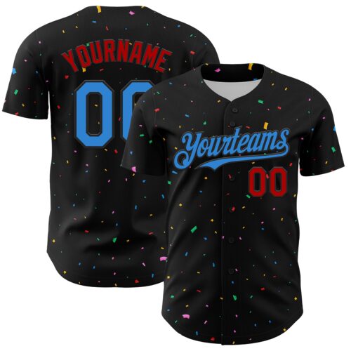 3DPattern4576 Custom Black Electric Blue-Red 3D Pattern Design Confetti Authentic Baseball Jersey
