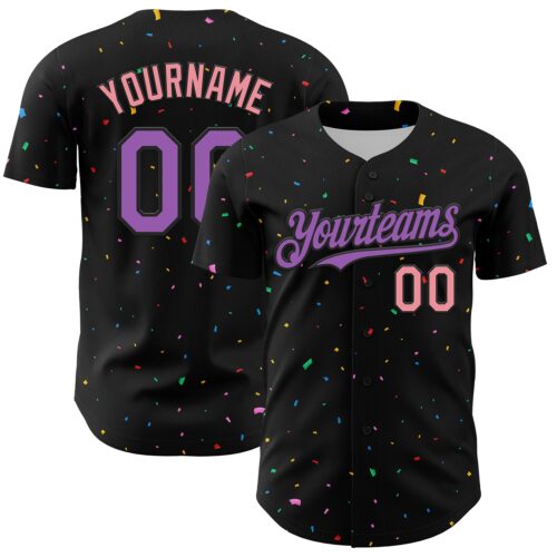 3DPattern4584 Custom Black Medium Purple-Medium Pink 3D Pattern Design Confetti Authentic Baseball Jersey