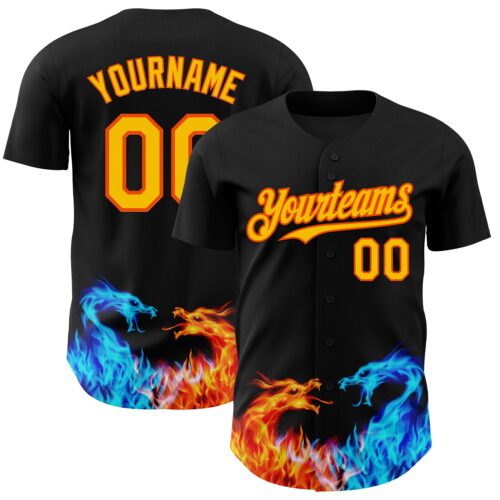 3DPattern4625 Custom Black Yellow-Orange 3D Pattern Design Fire Dragon Authentic Baseball Jersey