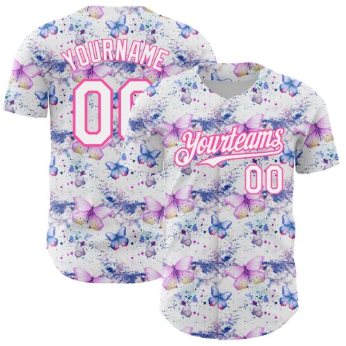 3DPattern4632 Custom White Pink 3D Pattern Design Animal Butterfly Authentic Baseball Jersey