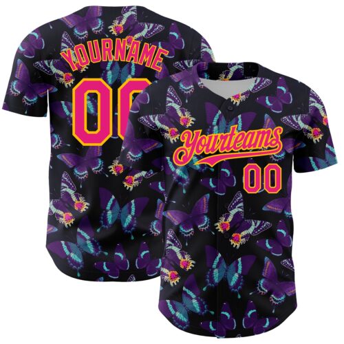 3DPattern4633 Custom Black Hot Pink-Yellow 3D Pattern Design Animal Butterfly Authentic Baseball Jersey