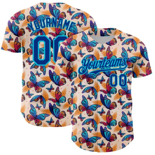3DPattern4635 Custom Cream Royal-Lakes Blue 3D Pattern Design Animal Butterfly Authentic Baseball Jersey