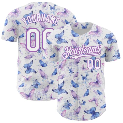 3DPattern4640 Custom White Medium Purple 3D Pattern Design Animal Butterfly Authentic Baseball Jersey