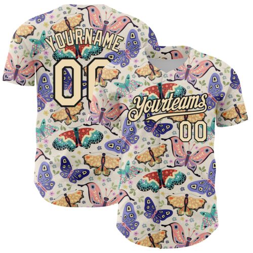 3DPattern4641 Custom Cream Black 3D Pattern Design Animal Butterfly Authentic Baseball Jersey