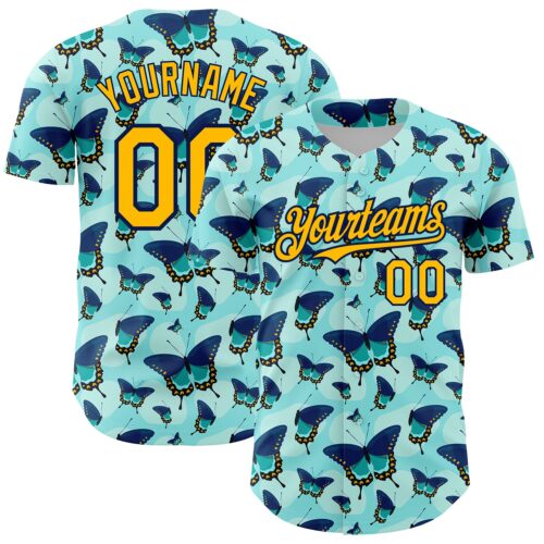 3DPattern4645 Custom Ice Blue Gold-Navy 3D Pattern Design Animal Butterfly Authentic Baseball Jersey