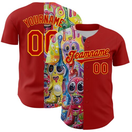3DPattern4677 Custom Red Gold 3D Pattern Design Rave Funny Monster Authentic Baseball Jersey