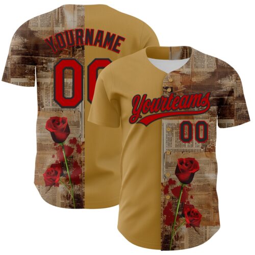 3DPattern4708 Custom Old Gold Red-Black 3D Pattern Design Gothic Style Rose Authentic Baseball Jersey