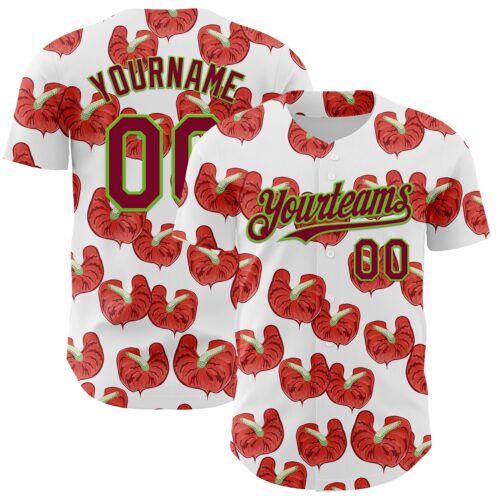 3DPattern4759 Custom White Maroon-Aurora Green 3D Pattern Design Tropical Anthurium Flower Authentic Baseball Jersey