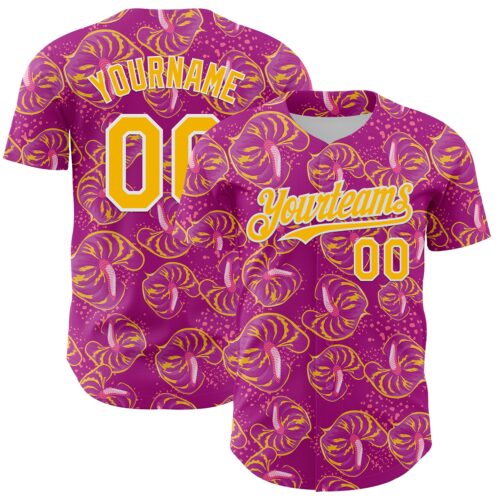 3DPattern4761 Custom Deep Pink Gold-White 3D Pattern Design Tropical Anthurium Flower Authentic Baseball Jersey