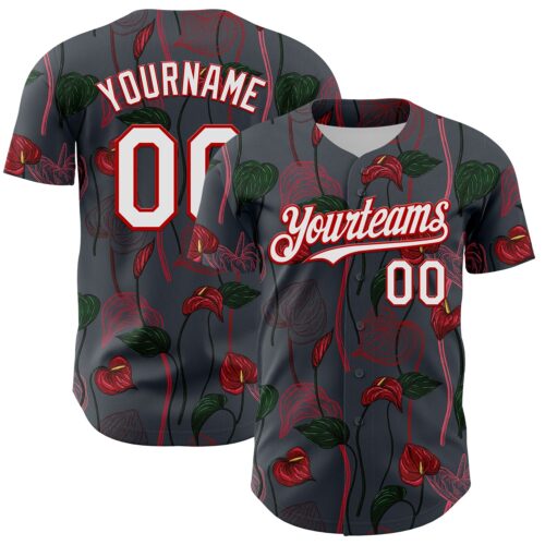 3DPattern4763 Custom Gray White-Red 3D Pattern Design Tropical Anthurium Flower Authentic Baseball Jersey
