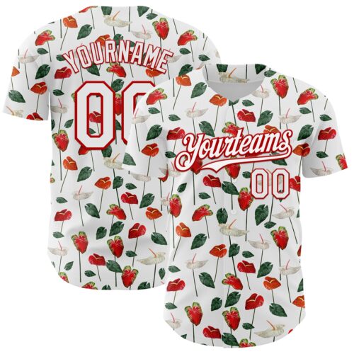 3DPattern4766 Custom White Red 3D Pattern Design Tropical Anthurium Flower Authentic Baseball Jersey