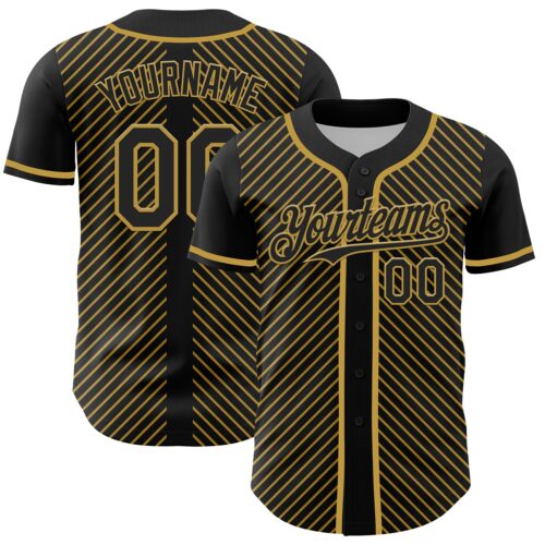 3DPattern4780 Custom Black Old Gold 3D Pattern Design Diagonal Stripes Authentic Baseball Jersey