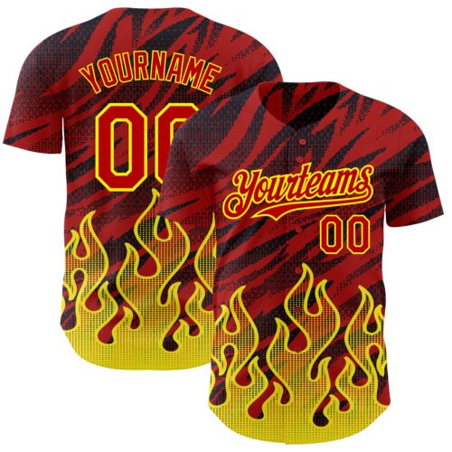 3DPattern4802 Custom Red Black-Light Yellow 3D Pattern Design Flame Authentic Baseball Jersey