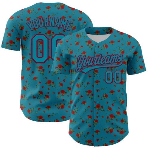 3DPattern4830 Custom Teal Maroon 3D Pattern Design Gothic Style Rose Authentic Baseball Jersey