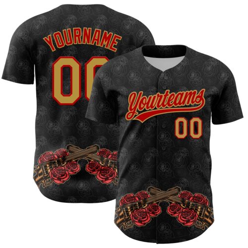 3DPattern4831 Custom Black Old Gold-Red 3D Pattern Design Gothic Style Gun With Rose Authentic Baseball Jersey