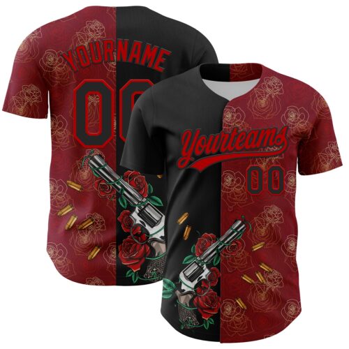 3DPattern4834 Custom Crimson Black-Red 3D Pattern Design Gothic Style Gun With Rose Authentic Baseball Jersey