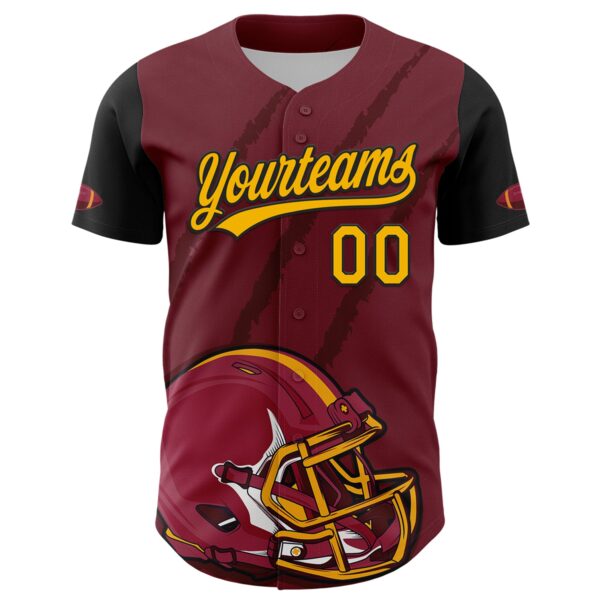 3DPattern4989-1 Custom Crimson Gold-Black 3D Pattern Design Football Helmet And Animal Claw Authentic Baseball Jersey