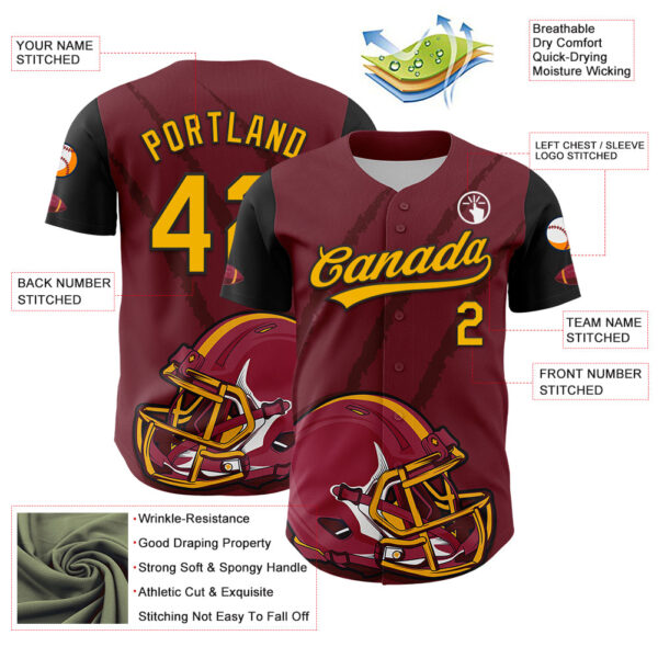 3DPattern4989-2 Custom Crimson Gold-Black 3D Pattern Design Football Helmet And Animal Claw Authentic Baseball Jersey