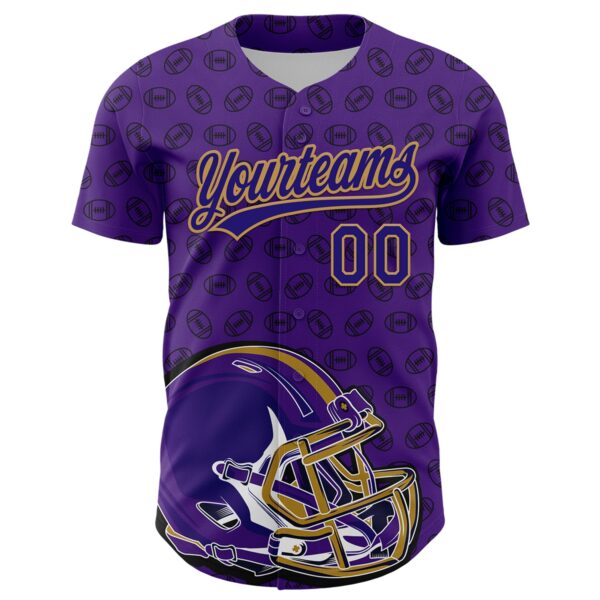 3DPattern4992-1 Custom Purple Dark Purple-Old Gold 3D Pattern Design Football Helmet And Ball Authentic Baseball Jersey