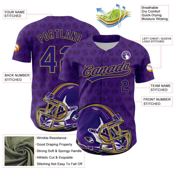 3DPattern4992-2 Custom Purple Dark Purple-Old Gold 3D Pattern Design Football Helmet And Ball Authentic Baseball Jersey