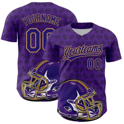 3DPattern4992 Custom Purple Dark Purple-Old Gold 3D Pattern Design Football Helmet And Ball Authentic Baseball Jersey