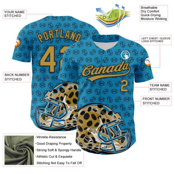 3DPattern4993-2 Custom Panther Blue Old Gold-Black 3D Pattern Design Football Jaguar Helmet And Ball Authentic Baseball Jersey