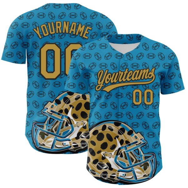 3DPattern4993 Custom Panther Blue Old Gold-Black 3D Pattern Design Football Jaguar Helmet And Ball Authentic Baseball Jersey