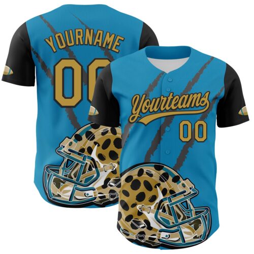 3DPattern4994 Custom Panther Blue Old Gold-Black 3D Pattern Design Football Jaguar Helmet And Animal Claw Authentic Baseball Jersey