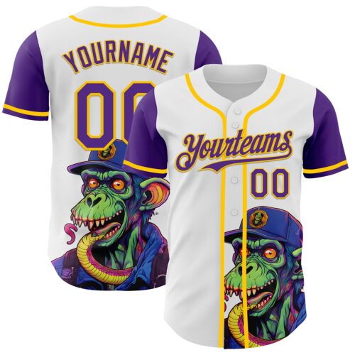 3DPattern5030 Custom White Purple-Yellow 3D Pattern Design Rave Monster Authentic Baseball Jersey