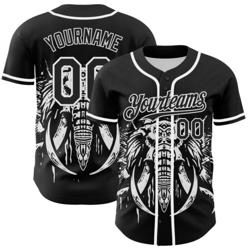 3DPattern5044 Custom Black White 3D Pattern Design Rave Mastodons Head Authentic Baseball Jersey