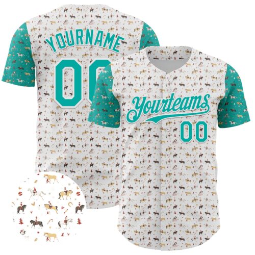 3DPattern5063 Custom White Aqua 3D Pattern Design Rodeo Cowboy Authentic Baseball Jersey
