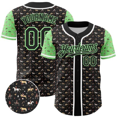 3DPattern5070 Custom Black Pea Green-White 3D Pattern Design Rodeo Cowboy Authentic Baseball Jersey